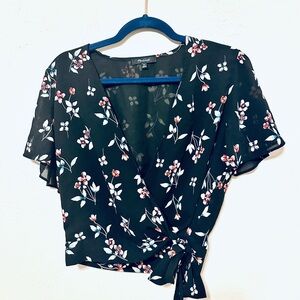 Madewell True Black Botanical  Floral Print Wrap Top Blouse XS EUC